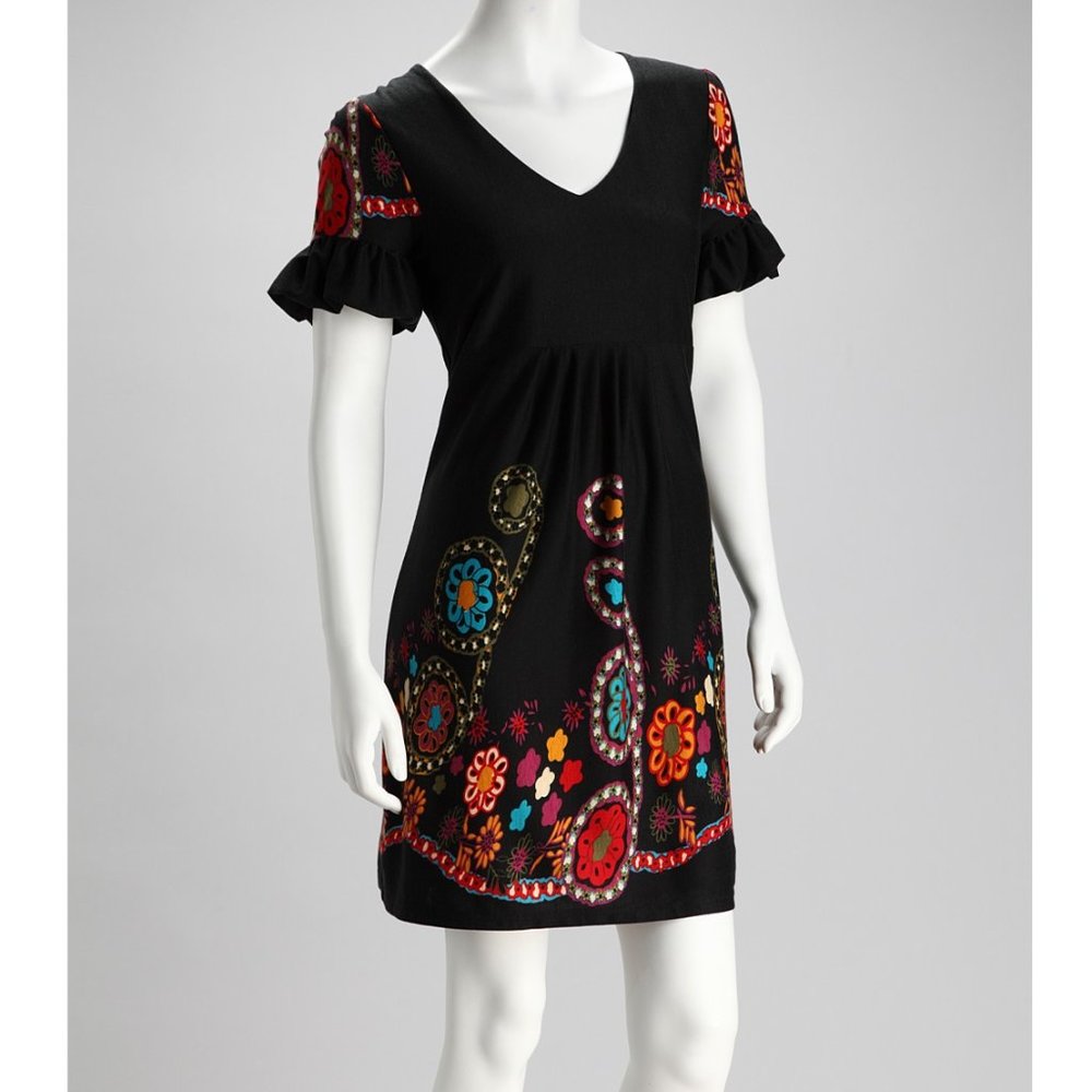 DILY Black Floral Ruffle V-Neck Dress